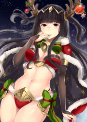 Rule 34 | 1girl, antlers, bare legs, bell, bikini, black eyes, black hair, blunt bangs, bow, breasts, bridal gauntlets, cape, christmas ornaments, circlet, cleavage, closed mouth, commentary request, detached sleeves, fire emblem, fire emblem awakening, fire emblem heroes, fur-trimmed bikini, fur-trimmed cape, fur trim, hand on own chin, haru (nakajou-28), highres, horns, jingle bell, long hair, nail polish, navel, night, night sky, nintendo, red cape, reindeer antlers, reindeer hair ornament, sky, smile, solo, star (sky), starry sky, striped, striped bow, swimsuit, tharja (fire emblem), tharja (winter) (fire emblem), tiara, two side up