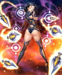 Rule 34 | 00s, 1girl, :d, armor, ass, attack, back, black footwear, black hair, black leotard, black thighhighs, blurry, blush, boots, breasts, clenched hand, closed eyes, covered erect nipples, depth of field, earrings, facial mark, facing viewer, fingernails, fishnets, forehead mark, foreshortening, full body, fuuma tokiko, gloves, glowing, hair over shoulder, head tilt, high heel boots, high heels, high ponytail, highleg, highleg leotard, highres, hoop earrings, incoming attack, jewelry, kagami hirotaka, kneepits, kunai, large breasts, legs apart, leotard, lilith-soft, long fingernails, long legs, long sleeves, looking at viewer, looking back, magic, motion blur, ninja, official art, open mouth, outstretched arms, partially fingerless gloves, pointing, pointing at viewer, shiny clothes, shiny skin, sideboob, skin tight, smile, solo, spread arms, standing, taimanin (series), taimanin asagi, taimanin asagi kessen arena, thigh boots, thighhighs, thighs, turtleneck, twisted torso, underboob, weapon