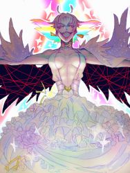 Rule 34 | 10s, 1girl, breasts, cleavage, dress, earrings, evil smile, female focus, frills, hoshinosu, jewelry, kill la kill, kiryuuin ragyou, large breasts, laughing, life fiber, mature female, multicolored hair, open mouth, rainbow hair, red eyes, short hair, smile, solo, tegaki