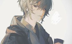 Rule 34 | 1boy, bad id, bad pixiv id, black jacket, closed mouth, collared shirt, commentary request, from side, grey background, grey eyes, grey hair, grey shirt, hair between eyes, highres, jacket, looking at viewer, male focus, original, scribble, shachi (d09 0rca), shirt, short hair, solo, sweater vest, upper body