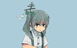 Rule 34 | 10s, 1girl, annin musou, bad id, bad twitter id, blush, bow, brown eyes, commentary request, eyebrows, grey hair, hair bow, kantai collection, kasumi (kancolle), looking to the side, rigging, shirt, short sleeves, side ponytail, sketch, solo, suspenders, sweatdrop, teruterubouzu, upper body, white shirt