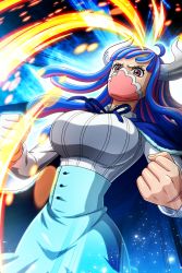 Rule 34 | 1girl, blue cape, blue hair, breasts, brown eyes, buttons, cape, collared shirt, curled horns, frown, head tilt, headbutt, high-waist skirt, horns, large breasts, mask, mouth mask, multicolored hair, necktie, official art, one piece, pink hair, pink mask, ribbed shirt, shirt, simple background, skirt, solo, two-tone hair, ulti (one piece)