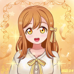 Rule 34 | 1girl, artist request, blouse, blush, bow, bow hair ornament, breasts, brown eyes, brown hair, buttons, close-up, collarbone, dated, feathers, female focus, hair between eyes, hair bow, hair ornament, highres, kunikida hanamaru, light brown hair, long hair, looking at viewer, love live!, love live! school idol festival, love live! sunshine!!, medium breasts, open mouth, orange background, orange feathers, parted lips, shirt, signature, smile, solo, source request, sparkle, striped, striped bow, teeth, upper body, upper teeth only, white bow, white shirt, yellow bow, yellow eyes