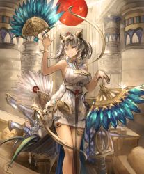 Rule 34 | ankh, artist request, bracelet, breasts, brown hair, cygames, dark-skinned female, dark skin, egyptian, egyptian clothes, feather fan, gold, grin, hieroglyphics, jewelry, large breasts, looking at viewer, marian the mummy, mole, mole under eye, official art, sarcophagus, shadowverse, smile, sparkle
