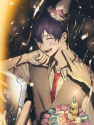 Rule 34 | 1boy, absurdres, balloon, bandaged hand, bandages, birthday cake, cake, camera flash, candle, cellphone, closed eyes, commentary, confetti, food, food on face, grey sweater vest, haero, hat, highres, kenmochi touya, kenmochi touya (1st costume), laughing, long sleeves, male focus, mode aim, necktie, nijisanji, party hat, peanuts-kun, phone, purple hair, red necktie, shirt, smartphone, solo, sweater vest, taking picture, virtual youtuber, white shirt