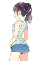 Rule 34 | 1girl, ass, back, bare shoulders, blush, brown eyes, character request, closed mouth, cowboy shot, nape, ponytail, purple hair, short shorts, shorts, simple background, sleeveless, solo, standing, white background, yatomi