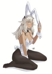Rule 34 | 1girl, alternate costume, animal ears, ash (fire emblem), bare shoulders, black bow, black horns, black pantyhose, blush, bow, bowtie, breasts, brown eyes, cleavage, commentary, cow ears, cow horns, dark-skinned female, dark skin, detached collar, ear piercing, english commentary, closed eyes, fake animal ears, fake tail, fingernails, fire emblem, fire emblem heroes, grey hair, hair ornament, highres, horns, leotard, long hair, medium breasts, nintendo, no shoes, one eye closed, pantyhose, piercing, playboy bunny, rabbit ears, rabbit tail, sakuremi, signature, simple background, sitting, sleeveless, smile, solo, strapless, strapless leotard, tail, wariza, white background, white leotard, wrist cuffs