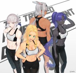 Rule 34 | 4girls, abs, animal ears, ass, assassin (fate/zero), back, bare shoulders, biceps, black pants, black shorts, blonde hair, blue eyes, blue ribbon, blunt bangs, bra, breasts, caenis (fate), chin piercing, cleavage, closed mouth, collarbone, colored skin, dark-skinned female, dark skin, earrings, fate/grand order, fate/zero, fate (series), female assassin (fate/zero), forehead, green eyes, grey eyes, grey hair, grey skin, hair ribbon, half updo, hands on own hips, highres, hoop earrings, jewelry, large breasts, pantyhose under shorts, long hair, looking at viewer, looking back, medium breasts, multiple girls, muscular, muscular female, navel, open mouth, pants, pantyhose, parted bangs, parted lips, penthesilea (fate), ponytail, purple hair, quetzalcoatl (fate), ribbon, shorts, sidelocks, smile, sports bra, tafuu (tortafu), thighs, tight clothes, tight pants, toned, underwear, very long hair, white bra, yellow eyes, yoga pants