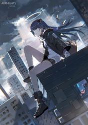 Rule 34 | 1girl, arknights, bird, black footwear, black jacket, black shorts, blue eyes, blue hair, boots, building, character name, cloud, cloudy sky, copyright name, dutch angle, full body, fur-trimmed jacket, fur trim, halo, highres, hood, hood down, hooded jacket, horns, jacket, knee up, light smile, lococo:p, long hair, looking at viewer, mostima (arknights), on roof, shirt, shorts, sitting, sitting on roof, sky, solo, white shirt