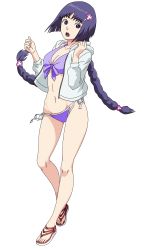 Rule 34 | 1girl, absurdres, bare legs, bikini, boruto: naruto next generations, braid, breasts, cleavage, collarbone, floating hair, front-tie bikini top, front-tie top, full body, groin, highres, hood, hood down, hooded jacket, injury, jacket, kakei sumire, long hair, low twintails, medium breasts, naruto (series), navel, open clothes, open jacket, open mouth, purple bikini, purple hair, ribbon, side-tie bikini bottom, solo, standing, swimsuit, transparent background, twin braids, twintails, very long hair, white jacket, white ribbon, zero024