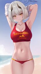 Rule 34 | 1girl, armpits, arms behind head, arms up, beach, bikini, black horns, blue archive, blue sky, braid, breasts, cleavage, closed mouth, collarbone, day, halo, highres, horns, large breasts, lifeguard, looking at viewer, lpb, navel, outdoors, red bikini, sena (blue archive), sky, solo, stomach, swimsuit, undressing, white hair, yellow eyes