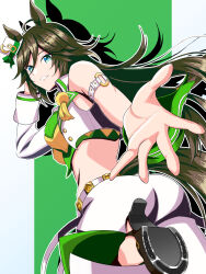 Rule 34 | 1girl, ahoge, animal ears, aqua eyes, arm strap, ass, asymmetrical sleeves, bandana, bare shoulders, belt, breasts, brown hair, commentary request, from behind, green background, green bandana, hair ornament, hairclip, hat, highres, horse ears, horse girl, horse tail, horseshoe, jacket, long hair, medium breasts, midriff, mini hat, mini top hat, mr. c.b. (umamusume), o-ring arm strap, open mouth, outstretched hand, pants, shadow, shiroiji (shirage omo cr), simple background, smile, solo, tail, tilted headwear, top hat, two-tone background, umamusume, very long hair, white background, white belt, white jacket, white pants