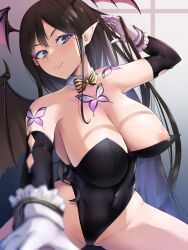 Rule 34 | bare shoulders, black leotard, black sleeves, blurry, blurry foreground, bodypaint, bow, bowtie, breasts, brown hair, bug, butterfly, collar, commission, covered navel, demon girl, demon wings, detached collar, detached sleeves, enryuu (rmxs3488), eyeshadow, gloves, grey eyes, head wings, highres, insect, large breasts, leotard, makeup, nipple slip, nipples, nontraditional playboy bunny, original, pointy ears, purple eyeshadow, skeb commission, smile, striped bow, striped bowtie, striped clothes, white collar, white gloves, wings, yellow bow, yellow bowtie