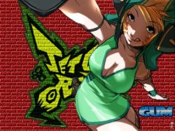 Rule 34 | 1girl, black eyes, blonde hair, breasts, brick wall, brown hair, cleavage, facepaint, falcoon, from above, graffiti, gum (jsr), headphones, helmet, jet set radio, jet set radio future, lawless (tora yojimbo), licking lips, looking up, outstretched arm, red background, solo, tongue, tongue out