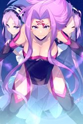 Rule 34 | 3girls, bare shoulders, black dress, black footwear, black gloves, blush, boots, breasts, cleavage, closed eyes, closed mouth, collarbone, dress, echo (circa), elbow gloves, euryale (fate), facial mark, fate/hollow ataraxia, fate/stay night, fate (series), forehead mark, gloves, hairband, headdress, large breasts, lolita hairband, long hair, looking at viewer, medusa (fate), medusa (rider) (fate), medusa (rider) (third ascension) (fate), multiple girls, purple eyes, purple hair, ribbon-trimmed hairband, short dress, siblings, sisters, small breasts, smile, stheno (fate), strapless, strapless dress, thigh boots, thighhighs, thighs, twintails, very long hair, white dress