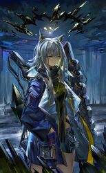Rule 34 | 1girl, absurdres, aecec, animal ear fluff, animal ears, arknights, black shorts, blue jacket, cat ears, cat girl, closed mouth, commentary request, green eyes, grey hair, hand in pocket, highres, jacket, kal&#039;tsit (arknights), kal&#039;tsit (remnant) (arknights), long hair, looking at viewer, official alternate costume, open clothes, open jacket, painttool sai (medium), rhodes island logo (arknights), shorts, sidelocks, solo