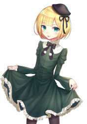 Rule 34 | 1girl, aged down, bad id, bad pixiv id, beret, black bow, black hat, black pantyhose, black ribbon, blonde hair, blunt bangs, blush, bow, closed mouth, dress, fate (series), frilled dress, frills, green dress, green eyes, hair ribbon, hat, highres, juliet sleeves, long sleeves, looking at viewer, lord el-melloi ii case files, mini hat, pantyhose, pom pom (clothes), puffy sleeves, reines el-melloi archisorte, ribbon, seungju lee, short hair, simple background, skirt hold, solo, tilted headwear, tongue, tongue out, white background