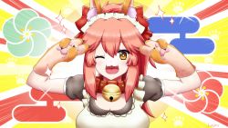 Rule 34 | 1girl, ;3, alternate costume, animal ear fluff, animal ears, animal hands, apron, bell, braid, breasts, cat paws, cleavage, collar, commentary, double v, emotional engine - full drive, enmaided, fangs, fate/grand order, fate (series), fox ears, fox girl, fox tail, gloves, hair ribbon, highres, jingle bell, keita naruzawa, large breasts, long hair, looking at viewer, maid, maid apron, maid headdress, neck bell, one eye closed, open mouth, paw gloves, pink hair, ponytail, red ribbon, ribbon, solo, tail, tamamo (fate), tamamo cat (fate), tamamo cat (second ascension) (fate), twin braids, v, waist apron, yellow eyes