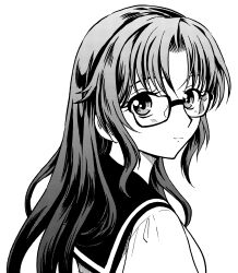 1girl absurdres commentary_request dithering glasses greyscale highres long_hair looking_at_viewer monochrome onoderakoji original portrait sailor_collar school_uniform serafuku simple_background solo upper_body