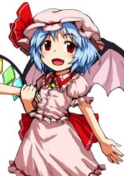 Rule 34 | 1girl, :d, bad id, bad pixiv id, bat wings, dai-erie, dress, fang, flandre scarlet, frilled dress, frills, gerijita, hand grab, hat, hat ribbon, holding hands, mob cap, open mouth, puffy short sleeves, puffy sleeves, red eyes, remilia scarlet, ribbon, short sleeves, smile, touhou, wings