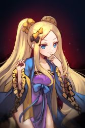 Rule 34 | &gt;:), 1girl, abigail williams (fate), black bow, blonde hair, blue bow, bow, chinese clothes, closed mouth, collarbone, commentary, cosplay, dress, english commentary, fate/grand order, fate (series), hair bow, hanfu, highres, long hair, long sleeves, looking at viewer, miya (miyaruta), open clothes, orange bow, parted bangs, purple dress, sidelocks, smile, solo, strapless, strapless dress, twintails, v-shaped eyebrows, very long hair, wide sleeves, wu zetian (fate), wu zetian (fate) (cosplay)