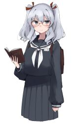 Rule 34 | 1girl, absurdres, alternate costume, artist logo, backpack, bag, bespectacled, black sailor collar, black serafuku, black shirt, black skirt, blue eyes, book, commentary request, cowboy shot, cropped legs, glasses, highres, kantai collection, kashima (kancolle), ma rukan, name tag, neckerchief, pleated skirt, sailor collar, school uniform, serafuku, shirt, sidelocks, silver hair, simple background, skirt, solo, twintails, wavy hair, white background, white neckerchief