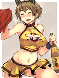 Rule 34 | 1girl, animal ears, bare shoulders, breasts, brown hair, cheerleader, cleavage, cleavage cutout, closed eyes, clothes writing, clothing cutout, covered erect nipples, drunk, earrings, em (totsuzen no hakike), fake animal ears, fang, female focus, female pubic hair, jewelry, katou keiko, large breasts, midriff, navel, no panties, pom pom (cheerleading), pubic hair, pussy, short hair, skirt, smile, solo, strike witches, uncensored, witches of africa, world witches series