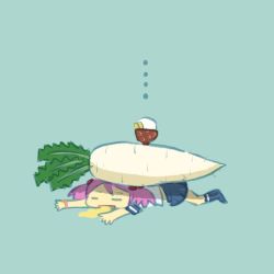 Rule 34 | ..., 10s, 1girl, blue background, bowl, commentary request, daikon, closed eyes, food, hair bobbles, hair ornament, highres, kantai collection, open mouth, oversized food, oversized object, pink hair, pinned, pleated skirt, radish, rice, rice bowl, saiguchi otoufu, sazanami (kancolle), sketch, skirt, solo, twintails, vegetable, vomit, wristband