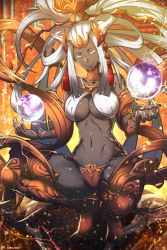 Rule 34 | 10s, 1girl, breasts, cleavage, colored skin, final fantasy, final fantasy xiv, grey skin, hair ornament, matsumoto tomoyohi, navel, orb, silver hair, smile, solo, sophia the goddess, squatting, stomach