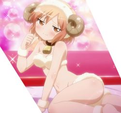 Rule 34 | 1girl, ass, bare shoulders, bell, breasts, cleavage, cosplay, delusion, horns, kotoura-san, kotoura haruka, looking at viewer, sheep girl, sheep horns, smile, solo, sparkle