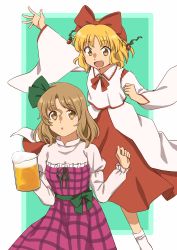 Rule 34 | 2girls, :o, alcohol, beer, beer mug, beerko, blonde hair, bow, cup, detached sleeves, dress, green bow, green sash, hair bow, haramin3, highres, holding, holding cup, japanese clothes, juliet sleeves, light brown hair, long sleeves, mug, multiple girls, open mouth, original, outside border, plaid, plaid dress, puffy sleeves, red bow, red neckwear, red skirt, sash, satsuki rin, shirt, skirt, socks, touhou, white shirt, wide sleeves, yellow eyes