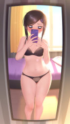 Rule 34 | 1girl, absurdres, bags under eyes, bed, black bra, black hair, black panties, blush, bow, bow panties, bra, cellphone, contrapposto, curtains, female pov, fisheye, hair ornament, hairclip, hand on own chest, highres, holding, holding phone, indoors, lens flare, looking at viewer, mirror, nail polish, navel, nose blush, novenine, original, panties, phone, pov, purple eyes, purple nails, reflection, renko (renkonv), sanpaku, selfie, short hair, short hair with long locks, skindentation, smartphone, solo, standing, stomach, swept bangs, taking picture, thighs, underwear, underwear only, window, wooden floor, yes-no pillow