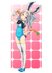 Rule 34 | animal ears, bow, bowtie, brown eyes, carrot, eating, fake animal ears, grey hair, high heels, highres, leotard, long hair, open mouth, original, playboy bunny, rabbit ears, shoes, solo, standing, tail, thighhighs, tongue, tongue out, wrist cuffs, yanagidamitsu