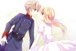 Rule 34 | 1boy, 1girl, aldnoah.zero, aqua eyes, asseylum vers allusia, belt, black belt, blonde hair, blue jacket, braid, buttons, closed mouth, collar, double-breasted, dress, eye contact, frilled dress, frills, gloves, gold trim, gradient background, green eyes, grey hair, hand on another&#039;s face, hetero, jacket, juliet sleeves, long hair, long sleeves, looking at another, military, military jacket, military uniform, multicolored clothes, multicolored jacket, parted lips, puffy sleeves, red collar, rirako, short hair, slaine troyard, sleeve cuffs, smile, two-tone jacket, uniform, white background, white dress, white gloves, white hair