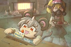 Rule 34 | 2girls, alice margatroid, animal ears, apron, bad food, blonde hair, boots, brown footwear, cake, cake slice, censored, commentary request, cookie (touhou), cross-laced footwear, drddrddo, drugs, erlenmeyer flask, fang, flask, food, gas mask, grey apron, grey hair, hairband, highres, ichigo (cookie), icing, indoors, laboratory, mask, methamphetamine, mosaic censoring, mouse ears, mouse girl, mouse tail, multiple girls, nazrin, nyon (cookie), pink hairband, red eyes, shirt, short hair, sink, strawberry shortcake, tail, touhou, translation request, white shirt
