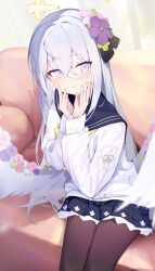 Rule 34 | 1girl, absurdres, azusa (blue archive), black pantyhose, blue archive, blush, feathered wings, feet out of frame, flower, grey hair, hair flower, hair ornament, halo, hands on own cheeks, hands on own face, highres, indoors, light smile, long hair, long sleeves, looking at viewer, pantyhose, purple eyes, school uniform, serafuku, sitting, solo, straight hair, very long hair, white wings, wings, yamada auto
