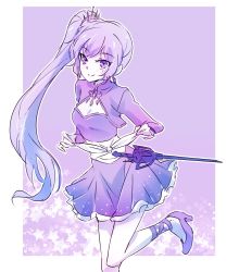 Rule 34 | 1girl, alternate costume, blue eyes, breasts, cleavage, cleavage cutout, clothing cutout, earrings, iesupa, jewelry, leg up, myrtenaster, ponytail, rwby, scar, scar across eye, scar on face, solo, weiss schnee, white hair
