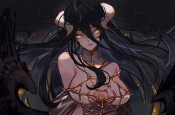 Rule 34 | 1girl, albedo (overlord), arms behind back, artist name, black hair, breasts, bustier, cleavage, commentary request, demon horns, covered erect nipples, hair between eyes, horns, large breasts, long hair, looking at viewer, march ab, night, night sky, overlord (maruyama), silk, sky, slit pupils, smile, solo, spider web, upper body, wings, yellow eyes