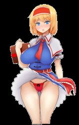 Rule 34 | 1girl, abubu, alice margatroid, animated, animated gif, blinking, blonde hair, blue eyes, blush, book, breasts, breathing, clothes lift, game, gluteal fold, hairband, holding, holding book, large breasts, lolita hairband, navel, open mouth, panties, red panties, red ribbons, ribbon, shawl, short hair, skirt, skirt lift, source request, standing, string panties, thighs, touhou, transparent background, underwear