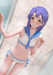 Rule 34 | 1girl, bathroom, bikini, blue bow, blue eyes, blue neckerchief, blue sailor collar, blurry, blurry background, blush, bow, brown eyes, closed mouth, commentary request, flat chest, hair between eyes, hakubaru, hand up, idolmaster, idolmaster (classic), indoors, kisaragi chihaya, long hair, looking at viewer, navel, neckerchief, sailor collar, sailor swimsuit (idolmaster), solo, steam, stomach, swimsuit, thighs, wavy mouth, wet, wet hair, white bikini
