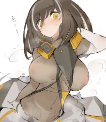 Rule 34 | 1girl, arknights, bird mask, blush, breasts, brown hair, brown shirt, closed mouth, clothes around waist, commentary, covered erect nipples, earrings, english commentary, eyes visible through hair, gas mask, hair between eyes, hand in own hair, hot, jacket, jacket around waist, jewelry, large breasts, looking at viewer, magallan (arknights), magallan (elite ii) (arknights), mask, mask around neck, medium hair, mikozin, mixed-language commentary, multicolored hair, ribbed shirt, shirt, silver hair, simple background, solo, steaming body, streaked hair, sweat, turtleneck, two-tone hair, white background, yellow eyes