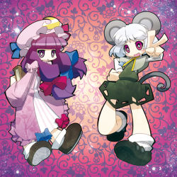 Rule 34 | 2girls, animal ears, arms behind back, blush stickers, book, bow, capelet, crescent, dress, female focus, grey dress, grey hair, hair bow, hand on own hip, jewelry, long hair, mouse ears, mouse tail, multiple girls, nazrin, nilitsu, open mouth, patchouli knowledge, pendant, purple dress, purple eyes, purple hair, shoes, short hair, smile, standing, tail, touhou, v