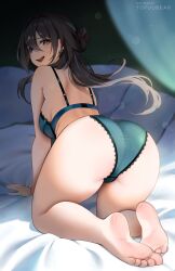 Rule 34 | 1girl, :d, all fours, ass, black hair, blush, bra, commentary, english commentary, feet, from behind, green bra, green eyes, green hair, green panties, highres, honkai: star rail, honkai (series), looking at viewer, looking back, multicolored hair, open mouth, panties, patreon username, ruan mei (honkai: star rail), smile, soles, solo, streaked hair, thighs, toes, tofuubear, underwear
