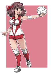 Rule 34 | 1girl, ball, brown eyes, brown hair, commentary, elbow pads, girls und panzer, headband, holding, holding ball, knee pads, kondou taeko, looking to the side, medium hair, open mouth, red headband, red shirt, red shorts, red socks, shirt, shoes, short shorts, shorts, single vertical stripe, sleeveless, sleeveless shirt, smile, sneakers, socks, solo, sportswear, standing, standing on one leg, takahashi kurage, textless version, volleyball, volleyball (object), volleyball uniform, white footwear
