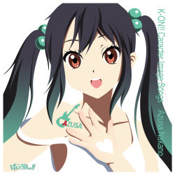 Rule 34 | 1girl, bad id, bad pixiv id, bare shoulders, black hair, brown eyes, dress, eyelashes, hair bobbles, hair ornament, heart, highres, k-on!, kouchou, long hair, nakano azusa, open mouth, round teeth, simple background, smile, solo, strap slip, teeth, twintails