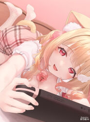 Rule 34 | 1girl, absurdres, animal ear fluff, animal ears, bell, blonde hair, blush, breasts, cat ears, cat girl, cat tail, cleavage, fang, gradient hair, hair ribbon, handheld game console, highres, kemomimi refle!, kuyukian3, looking at viewer, lying, medium breasts, mole, mole under eye, multicolored hair, neck bell, nekoma karin, nintendo switch, on stomach, open mouth, pink hair, pink ribbon, plaid, plaid skirt, red eyes, ribbon, shirt, short sleeves, skirt, solo, tail, virtual youtuber
