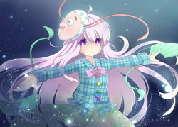 Rule 34 | 1girl, backlighting, bad id, bad pixiv id, blue background, bubble skirt, ellipsis (mitei), expressionless, folding fan, hand fan, hata no kokoro, light particles, long hair, looking at viewer, noh mask, outstretched arms, pink hair, plaid, plaid shirt, purple eyes, shirt, skirt, solo, spread arms, star (symbol), touhou, triangle, x