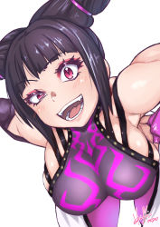 Rule 34 | 1girl, bare shoulders, bent over, black hair, breasts, bridal gauntlets, cowboy shot, eyelashes, fangs, hair horns, half-closed eye, han juri, hands on own hips, highres, hori shin, large breasts, legs apart, looking at viewer, medium hair, open mouth, pants, pink eyes, signature, simple background, skindentation, smile, solo, street fighter, white background