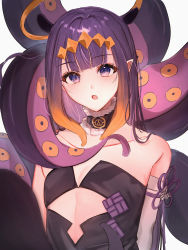 Rule 34 | 1girl, absurdres, amyu (amm asl pa), animal ears, bad id, bad pixiv id, bare shoulders, blunt bangs, blush, breasts, commentary, cutout above navel, detached collar, detached sleeves, dress, flower knot, fur-trimmed collar, fur trim, gradient hair, grey background, halo, headpiece, highres, hololive, hololive english, huge filesize, long hair, looking at viewer, multicolored hair, ninomae ina&#039;nis, ninomae ina&#039;nis (1st costume), open mouth, orange hair, pointy ears, purple eyes, purple hair, simple background, single sleeve, small breasts, solo, straight hair, strapless, strapless dress, tentacle hair, tentacles, tube dress, two-tone hair, upper body, virtual youtuber