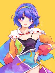 Rule 34 | 1girl, black camisole, blue eyes, blue hair, blush, breasts, camisole, cape, collarbone, commentary request, hairband, highres, long sleeves, multicolored clothes, multicolored hairband, open mouth, patchwork clothes, rainbow gradient, short hair, simple background, sky print, small breasts, spaghetti strap, tenkyuu chimata, touhou, unzipped, wasabisuke, yellow background, zipper